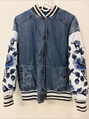 We The Free Denim Bomber Varsity Jacket with Embroidered Floral Sleeves